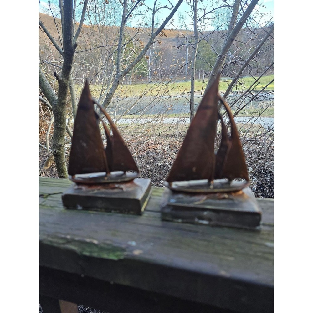 Vintage Bronze Sailing Ship Boat Sculptures Bookends Pair Nautical Decor